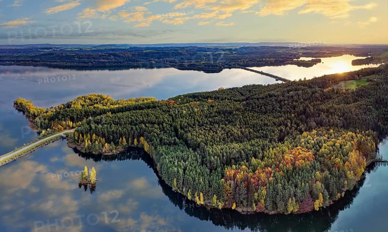 Aerial view, natural paradise Brombachsee, peninsula between Igelsbach Lake and back Großer Brombach Lake, back right Kleiner Brombach lake, reservoir, sunset, Franconian Lake District, Middle Franconia, Bavaria, Germany