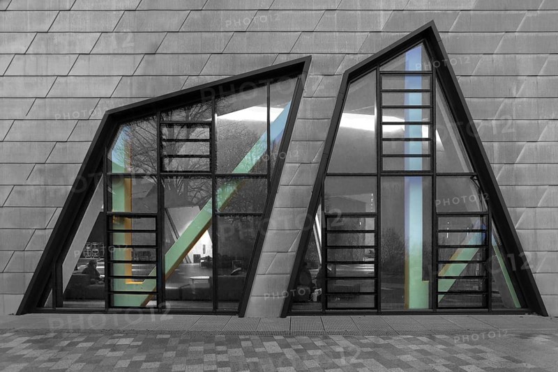 View of the entrance hall of the modern university building by American architect Daniel Liebeskind, black and white, Lüneburg, Lower Saxony, Germany