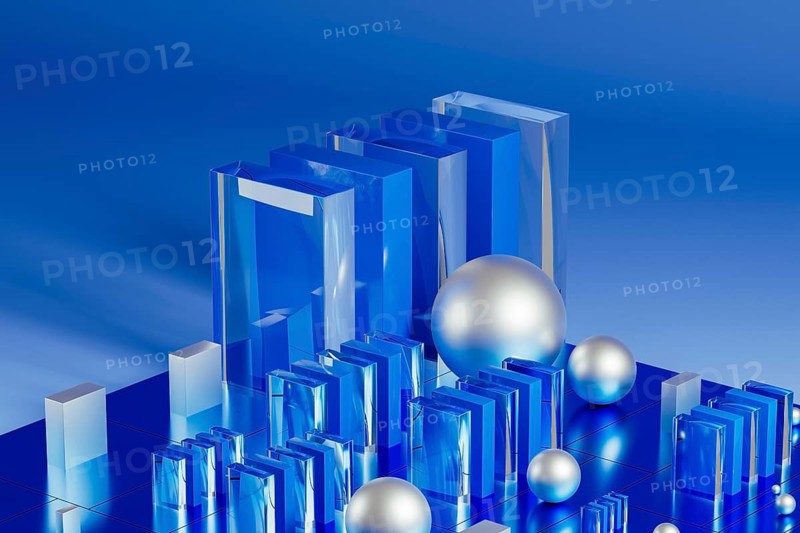 An array of geometric forms cast in blue illuminates a stunning 3D technological environment, showcasing reflective surfaces and intricate designs