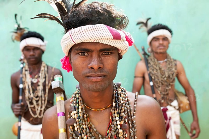 Traditionally dressed teenage boys from the Dhurwa tribe, dance troup from Odisha, India