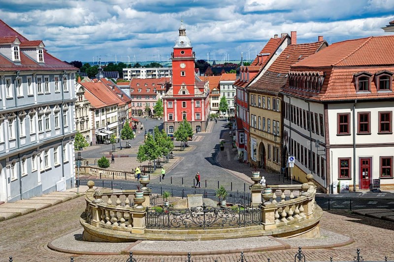 Gotha Old Town Hall with former horse drinks, historic, heritage-protected, Renaissance, main market, old town, Gotha, Thuringia, Germany