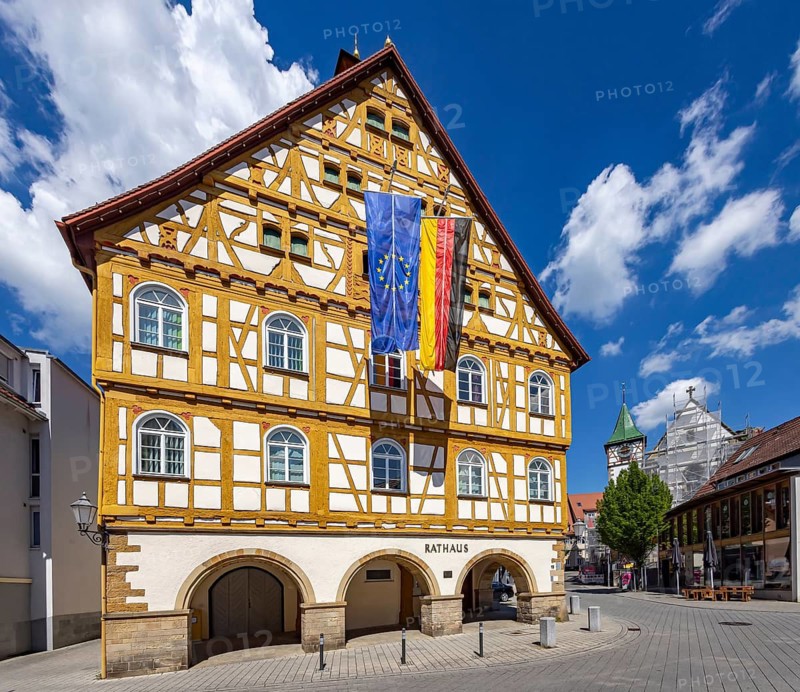 Neuffen Town Hall with flags. German flag, European flag. Baden-Württemberg, Germany