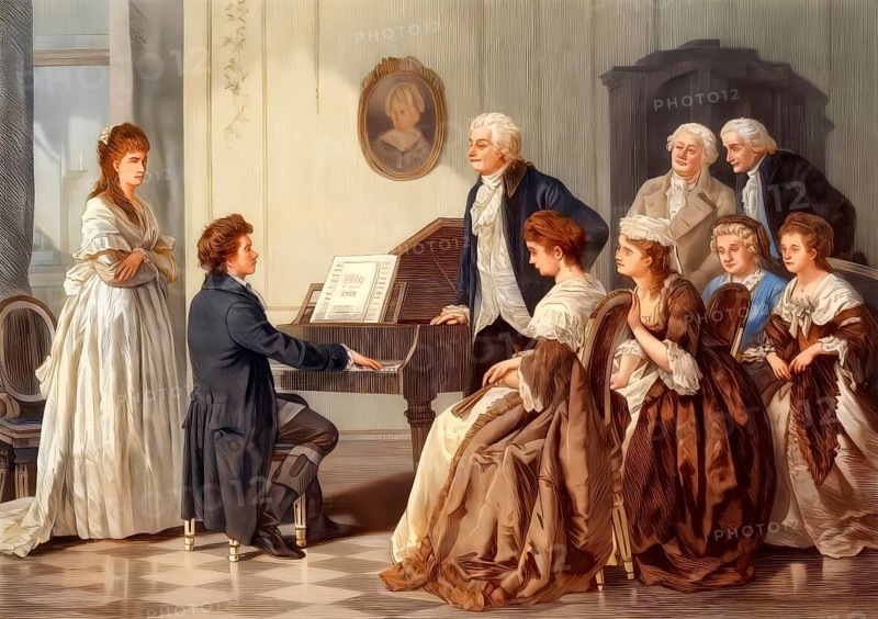 Ludwig van Beethoven and Wolfgang Amadeus Mozart, digitally edited based on a painting by August Borckmann, subsequently colored