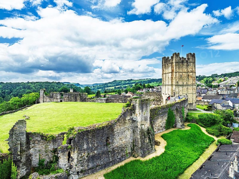 Richmond Castle from a drone, Richmond, Yorkshire Dales, North Yorkshire, England, United Kingdom