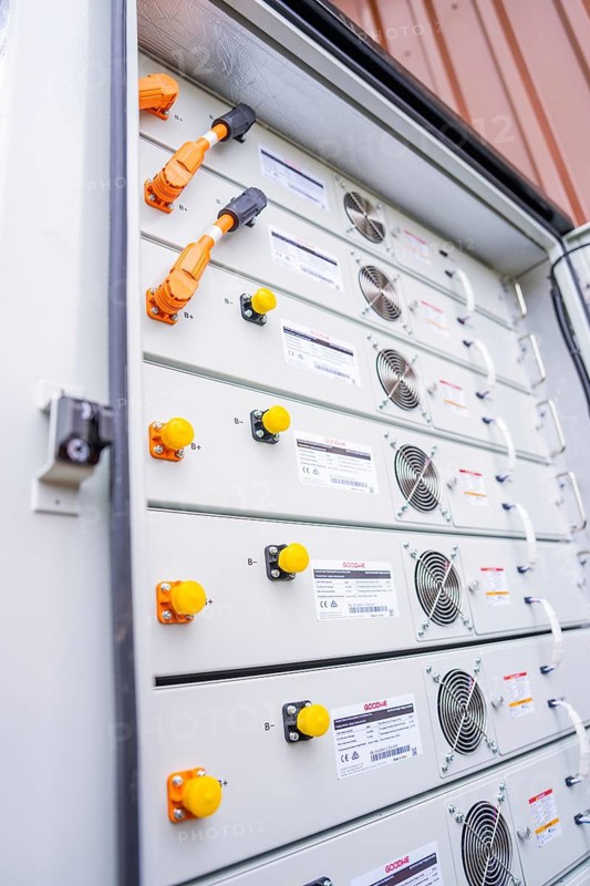 Control cabinet with fans and switches in a technical environment, Goodwe battery energy storage on a farm, Mönsheim, Germany