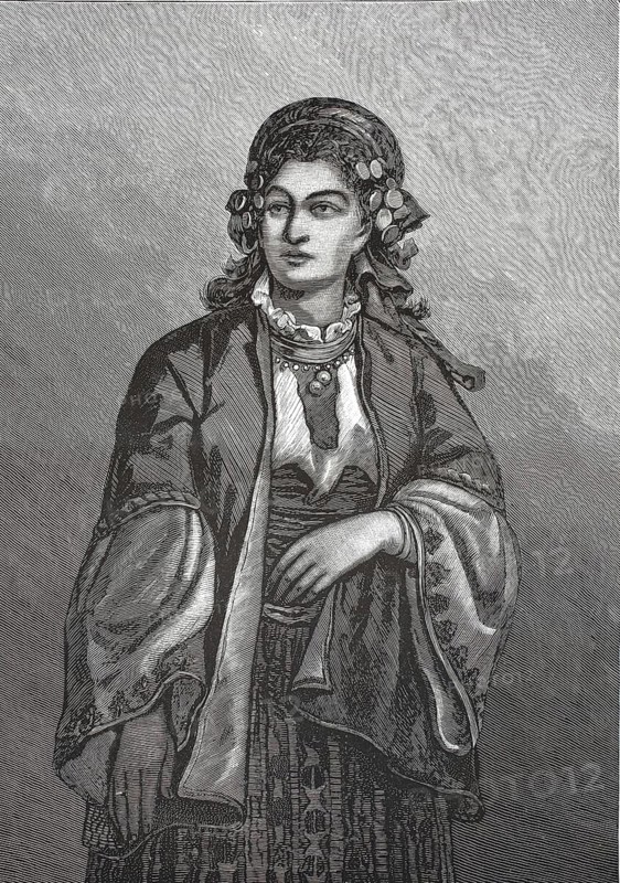 Wood engraving of a Bulgarian woman in traditional traditional costume from the late 19th century, illustration, reproduction from a model from the 19th century. Authentic, file restored for optimal use, exact date of submission unknown, historical