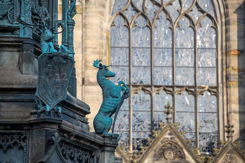 Red deer sculptures on statue of Walter Francis Montagu Douglas Scott, 5th Duke of Buccleuch in the capital city Edinburgh, Scotland, UK