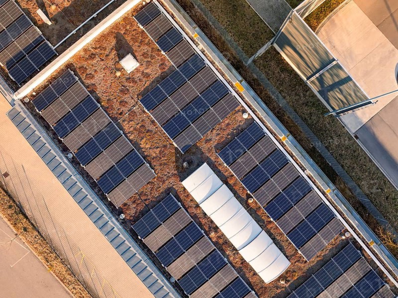 Detailed image of solar modules installed on a building roof, Bauhof, Nufringen, Germany