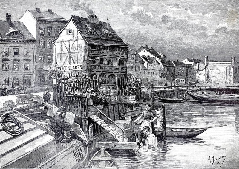 Illustration shows an old Berlin half-timbered house built on piles on the fishing bridge near the Mühlendamm directly above the water of the Spree. Around 1890, as part of the modernization and canalization of the Spree, these characteristic, medieval-looking stilt houses finally disappeared from the Berlin cityscape, Germany, illustration, reproduction from a model from the 19th century. Authentic, file restored for optimal use, exact date of submission unknown, historical