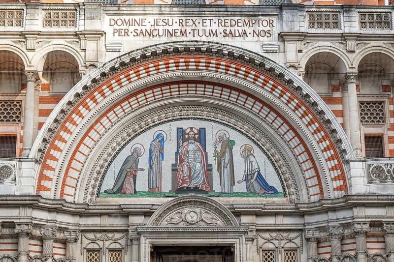 A neo-Byzantine style mosaic with biblical representations and Latin script, main entrance, Westminster Cathedral, Westminster, London, Great Britain, England, Great Britain