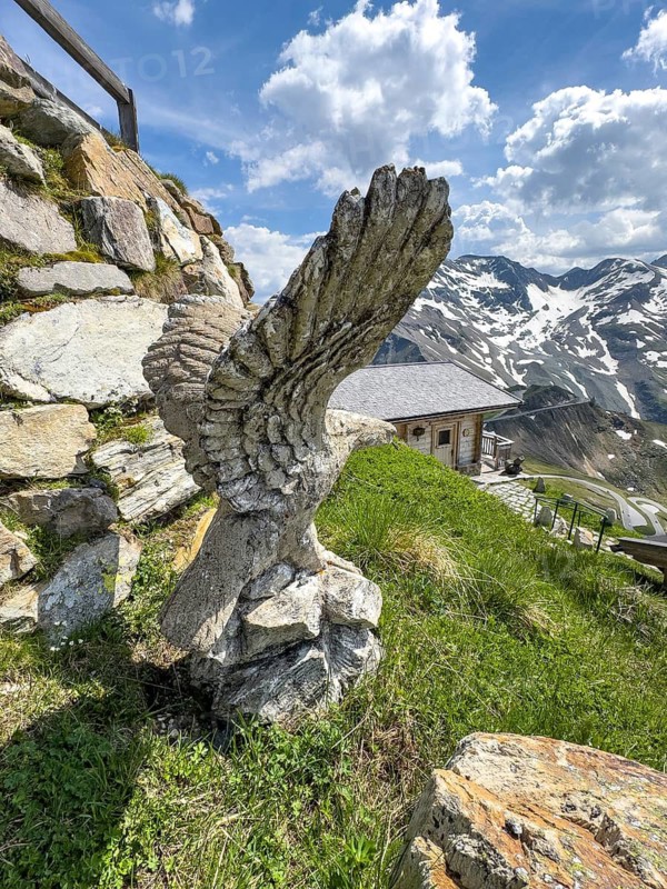 Stone-carved sculpture of eagle on Edelweissspitze next to Edelweisshütte, Fusch, Province of Salzburg, Austria