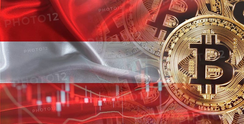 Bitcoin cryptocurrency with Austria flag, Investors in Blockchain Technology. Austrian flag with Bitcoin in the background