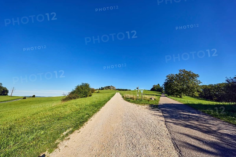 Hohentwiel mountain, fortress ruins of Hohentwiel, footpath made of cinder stones, narrow road made of asphalt, fork in the road, nature reserve, meadow, bushes, trees, landscape photography, hilly landscape, blue sky, cloudless, Hilzingen, Hegau, district of Constance, Baden-Württemberg, Germany