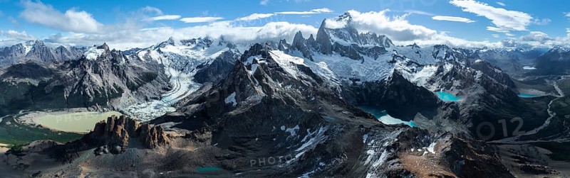 Aerial view, epic panorama, large glaciers, glacial lakes Lago de los Tres Laguna Sucia and Laguna Torre, mountains and peaks of Monte Fitz Roy and Cerro Torre, Fitz Roy mountain range, Cerro Chalten, Los Glaciares National Park, Patagonia, Santa Cruz Province, Argentina