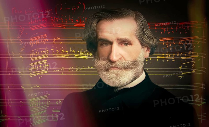 Giuseppe Verdi, 1813 – 1901, Italian opera composer, autograph notesheet from Don Carlos, digitally edited after a painting of Giovanni Boldini