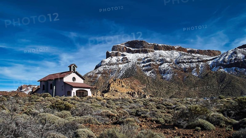 Ermita de las Nieves, A lonely church at the foot of snow-capped mountains under clear skies, Teide National Park, Teide National Park, volcano, volcanism, UNESCO World Heritage Site, Tenerife, Canary Islands, Spain