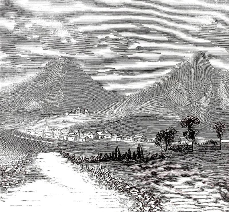 Historical view of the region around ancient Mycenae, Mycenes, in Greece, around 1870, illustration, reproduction from a model from the 19th century. Authentic, file restored for optimal use, exact date of submission unknown, historical