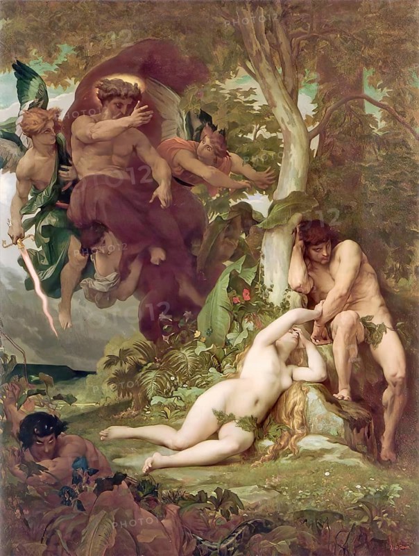 Paradise Lost, The Expulsion from the Garden of Eden. The painting depicts the moment when Adam and Eve are driven out of Paradise by an angel, symbolising the Fall of Man. The work was commissioned by King Ludwig II of Bavaria, it is by Alexandre Cabanel (born 28 September 1823 in Montpellier, died 23 January 1889 in Paris), a French academic history painter. Reproduction of a 19th-century original. Authentic, file restored for optimal use, exact date of the original unknown