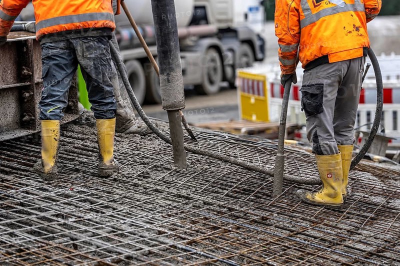 Concreting, concreting the foundation of a wind turbine, more than 600 cubic meters of concrete will be pumped into the foundation for over 7 hours, over 100 tons of reinforcing steel have been used, the wind turbine will have a hub height of 160 meters, part of a new wind farm in Sauerland, near Balve, North Rhine-Westphalia, Germany
