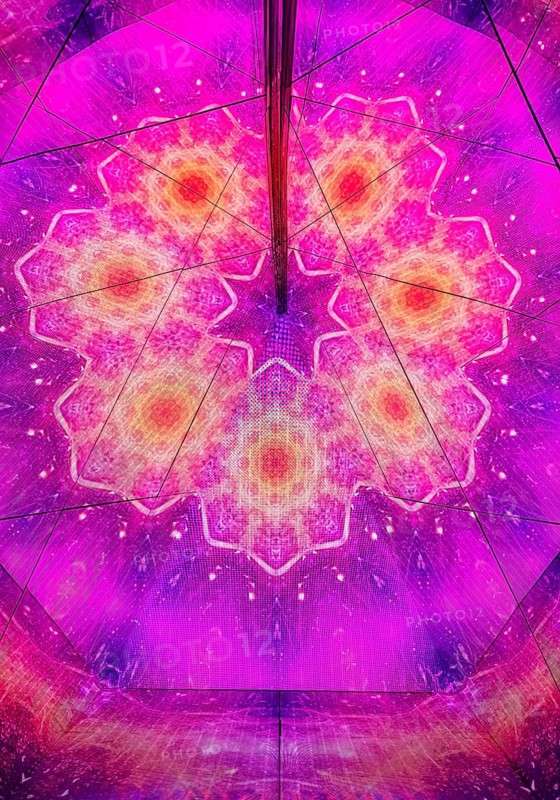 Graphic, kaleidoscope-like very colorful pattern at Neonia, immersive museum, Ribeira, old town, Porto, Portugal
