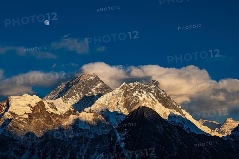 View from Renjo La Pass, 5360 m, of Mount Everest and Lhotse in the evening light, Solu Khumbu, Himalayas, Nepal