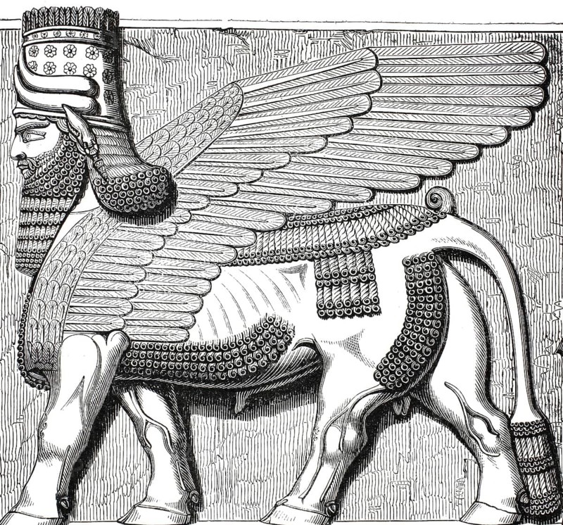 Historical illustration of a Lamassu, an Assyrian guardian deity with the head of a human, the body of a bull or lion, and the wings of an eagle, is based on archaeological reliefs found in Assyrian palaces such as that of Sargon II in Dur-Sharrukin, today Khorsabad, Iran, illustration, reproduction from a 19th-century model. Authentic, file restored for optimal use, exact date of submission unknown, historical