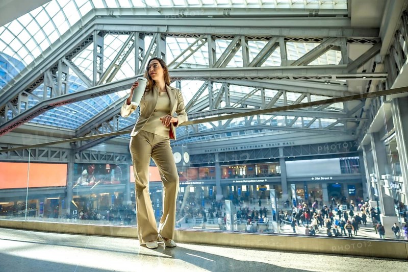 Young businesswoman standing confidently with a reusable coffee cup, watching people below in a busy, modern transportation hub, symbolizing urban life and professional travel