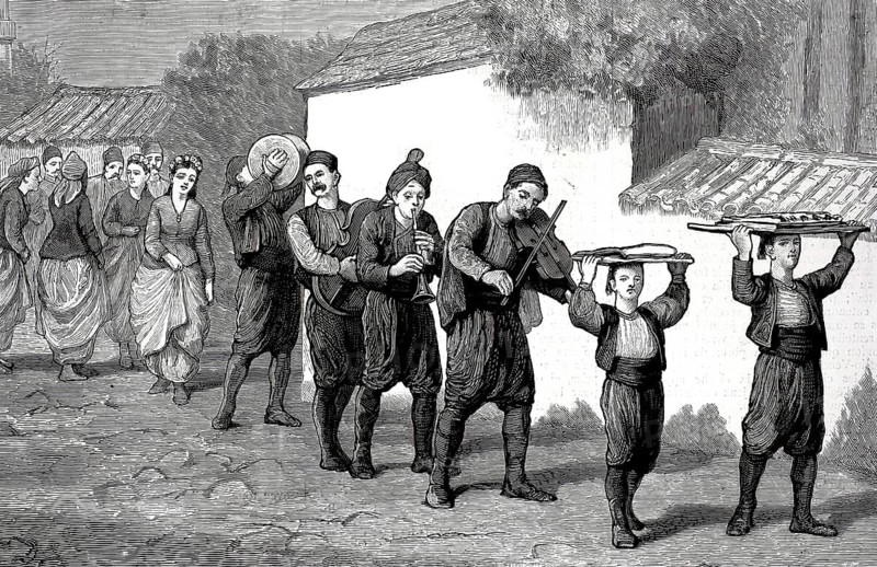 Traditional engagement procession in which musicians and bearers of gifts pass through a village around 1880, Bulgaria, illustration, reproduction from a model from the 19th century. Authentic, file restored for optimal use, exact date of submission unknown, historical