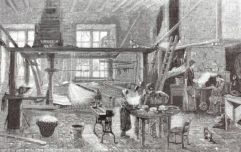 The interior of a silk weaver's workshop, 1877 in Lyon, France. At the center of the room is a room-filling wooden loom. Extremely high ceilings were typical of these workshops to house the woven attachments invented by Joseph-Marie Jacquard and mechanically controlled by punch cards, illustration, reproduction of a model from the 19th century. Authentic, file restored for optimal use, exact date of submission unknown, historical