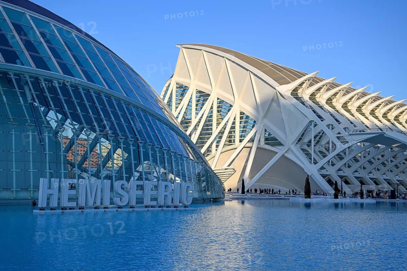L'Hemisferic, IMAX cinema, and Museo de las Ciencias Principe Filipe, Ciudad de las Artes y de las Ciencias, city of arts and sciences built by Spanish architect Santiago Calatrava, Valencia, Spain