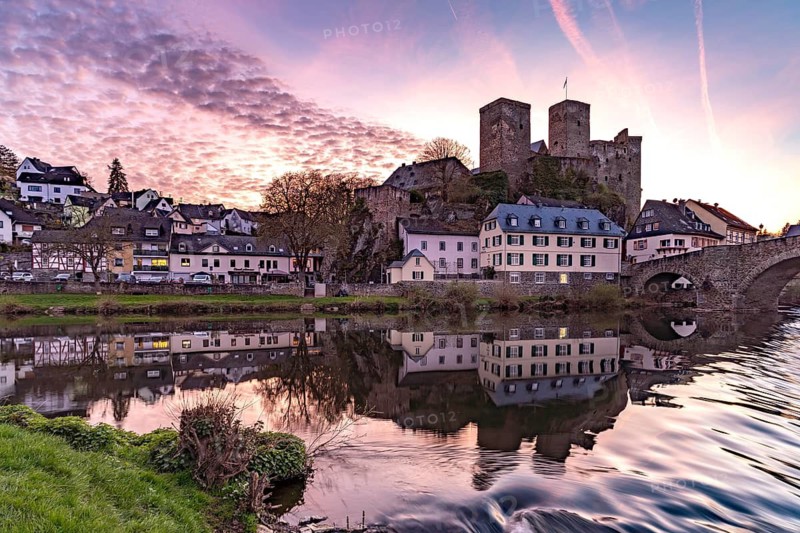 Sunset at Runkel Castle over the Lahn in Runkel, Hesse, Germany
