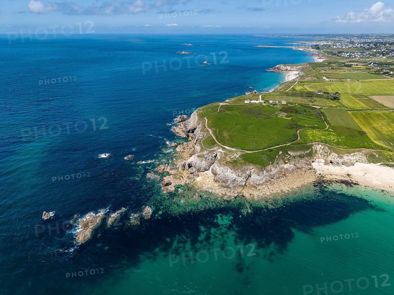 Aerial view of Pointe Corsen, a cape at the westernmost point of continental France on the Breton coast, Commune Plouarzel, Finistère department, Brittany, France