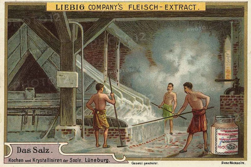 Salt picture series, view of salt production in Lüneburg. Workers in a saltworks stir the boiling brine in large pans, salt water to obtain salt through evaporation, favorite picture, digitally restored reproduction of a collector's painting from around 1900, exact date unknown