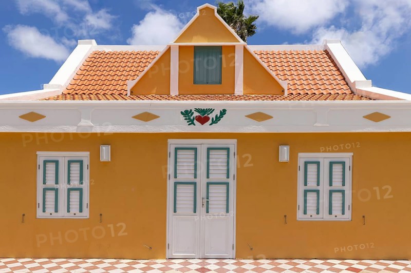 Colorful Dutch colonial style architecture facades in downtown Oranjestad Aruba
