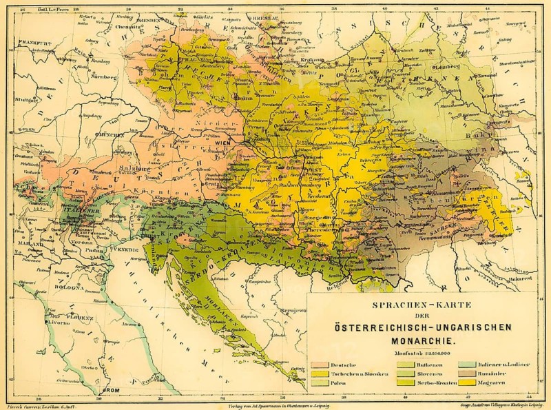Language map of the Austro-Hungarian Empire, color map with scale, Czech Poland, German Slovaks, Margyars, Serbo-Croats, Slavenians, Germans, Ruthenians, Slovenians, Italians and Ladins, Romanians, European languages, Croatia, Hungary, Romania, Poland, Czech Republic, Slovakia, Germany, Austria, Italy, diversity, scale, geography, grid, rivers, cities, seas, states, historical illustration 1877
