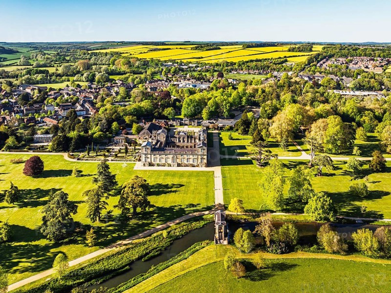 Wilton House from a drone, Wilton, River Nadder, Salisbury, Wiltshire, England, United Kingdom