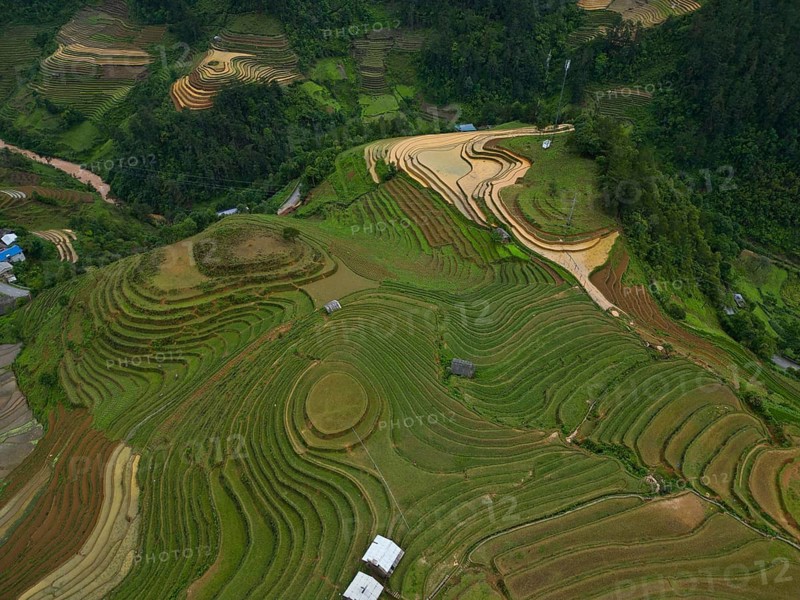 Aerial view of rice terraces just in front of setting the new rice near Mù Cang Ch?i, Mu Cang Chai District, Lào Cai Province, North Vietnam, Vietnam