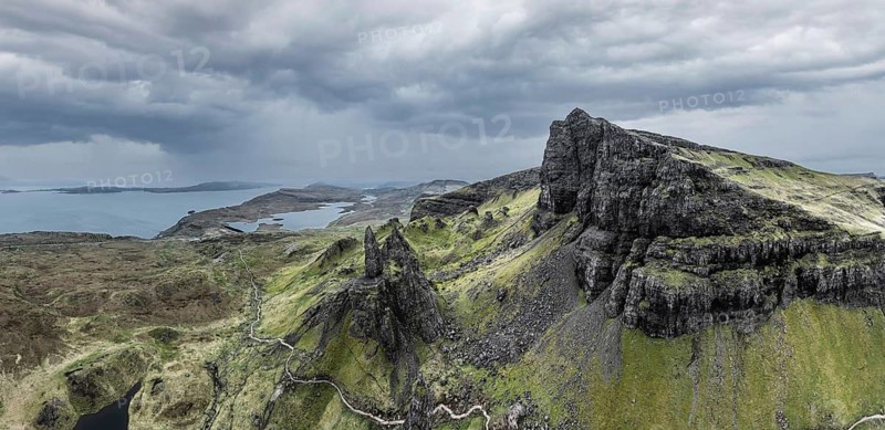 Panorama aerial drone photo of the rocky landscape at the Old man of Storr on the Isle of Skye, Scotland, UK