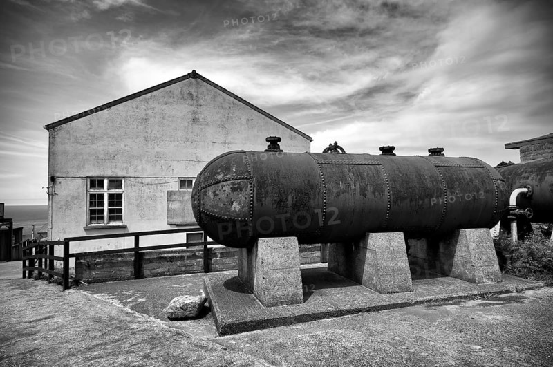 Tank, museum, Geevor Tin Mine, tin mine, mining, Pendeen, Trewellard near St Just in Penwith, black and white, Cornwall, England, Great Britain, Great Britain