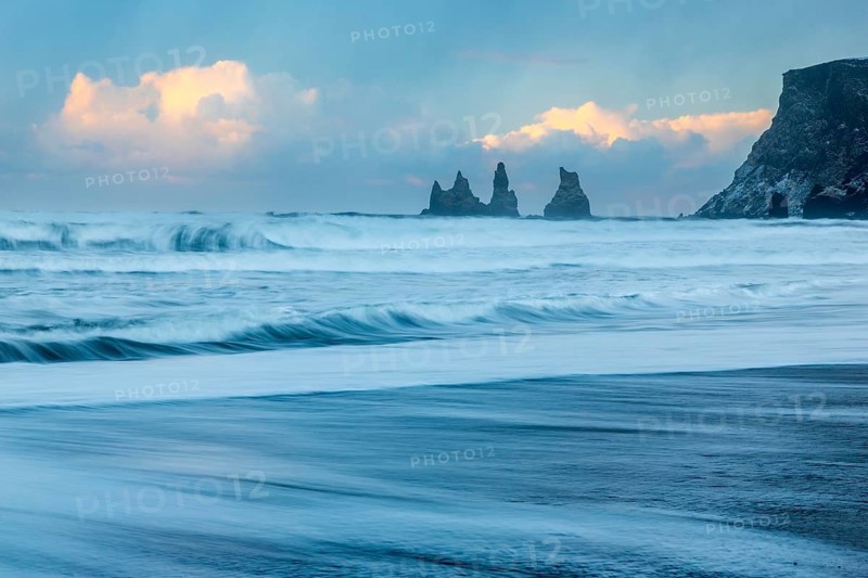 Reynisdrangar pinnacles, lava sandy beach, waves, sea, clouds, winter, Vik, Iceland, Scandinavia
