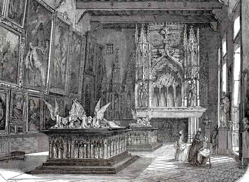 Salle des Gardes (Guard Room) in the Palais des Ducs de Bourgogne in Dijon, France, 1847. In the foreground is the monumental tomb of Philip the Bold (Philippe le Hardi), adorned with sculptures of mourners (Pleurants) and angels at the corners. In the background is the tomb of John the Fearless (Jean sans Peur) and his wife Margaret of Bavaria, a reproduction of a 19th-century original. Authentic, file restored for optimal use, exact date of the original unknown