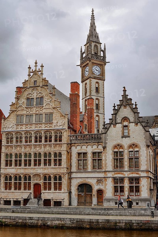 Graslei, old guild houses and tower from the former post office, Ghent, East Flanders, Flanders, Belgium