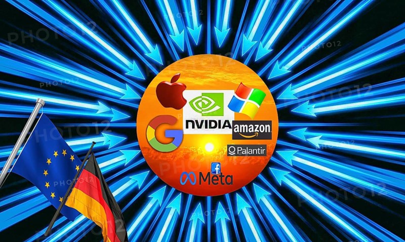 Symbolic photo, Europe EU and Germany dependent on US tech giants, Internet, economy, ChatGBT, AI, OpenAI, chatbot, artificial intelligence, IT system, informatics, IT technology, computer system, software, Microsoft, Apple, Google, Amazon, Palantir, nVidia, Meta, Windows, silicon brain, thinking machine, creativity, new wonder of the world, Einstein replacement, problem intelligence, AI research, voice robotic ter, algorithm, AI threat, weapon systems, monitoring