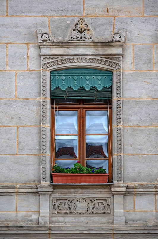 Historic window from the 19th century, with green, decorative metal shutters, Unterer Markt 5, Altdorf, Middle Franconia, Bavaria, Germany