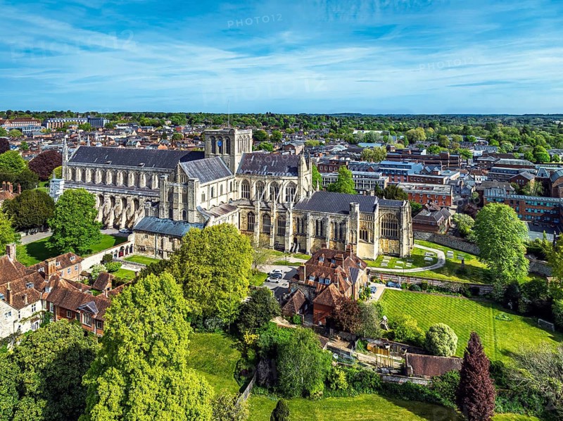 Winchester Cathedral from a drone, Winchester, Hampshire, England, United Kingdom