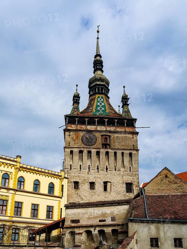 Hour tower in the old town of Sighi?oara, Sighi?oara, Transylvania, Romania