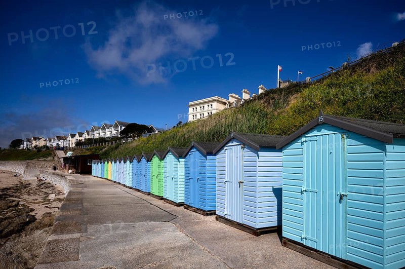 Colorful beach cabins, beach huts, light blue, Gyllyngvase Beach, often Gylly, sandy beach, Falmouth, Cornwall, England, Great Britain, Great Britain