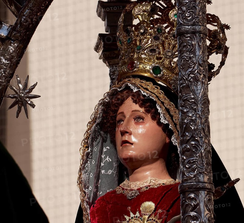 Statue of Madonna and Crown in procession, beautifully decorated with golden and red details, Good Friday procession, Easter, UNESCO World Heritage Site, old town of San Cristobal de La Laguna, La Laguna, Tenerife, Canary Islands, Spain
