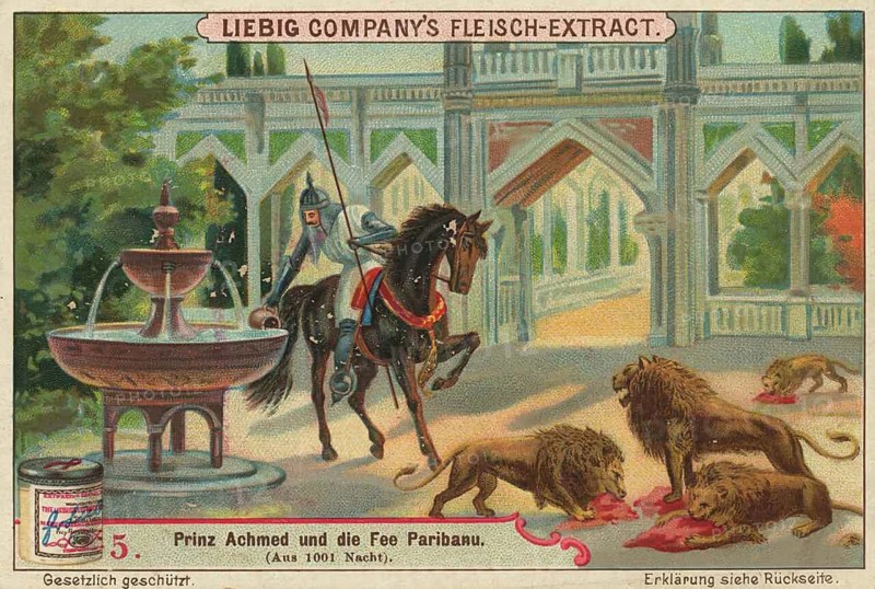 Picture series Prince Achmed and the fairy Paribanu, In order to cure his sick father (the Sultan) or to solve a difficult task, the prince needs the water from this spring. The spring is guarded by wild lions. However, Achmed was instructed by the fairy Paribanu to throw fresh meat to the lions, Liebig picture, digitally restored reproduction of a collector's picture from around 1900, exact date unknown