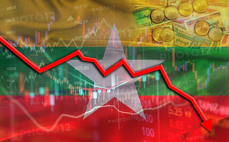 Myanmar financial fall on economy market. Burmese financial crisis on economic graph